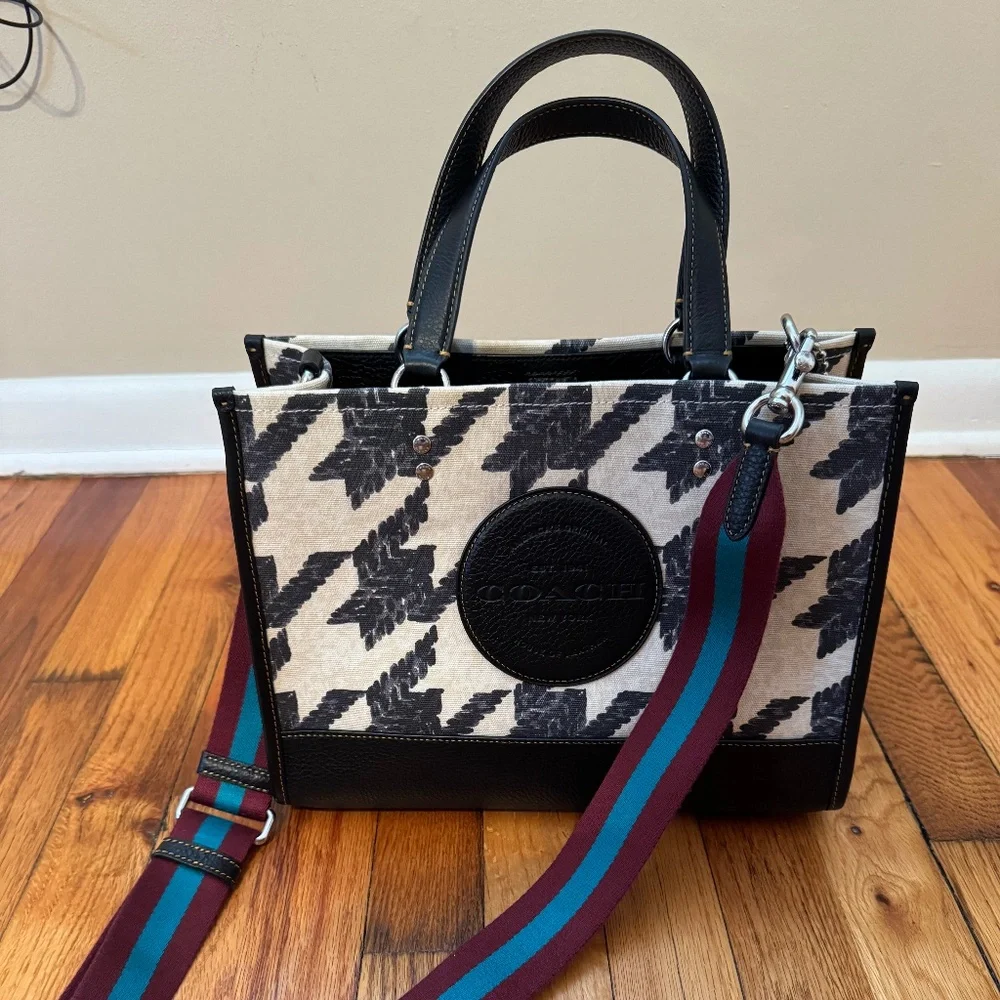 Coach Black and Cream Houndstooth Canvas Dempsey Patch Medium Tote